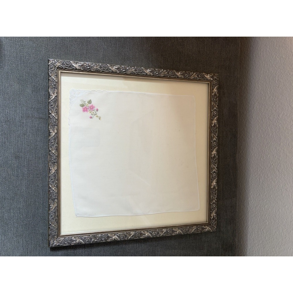Vintage White Pink Embroidered Handkerchief, framed in Silver Frame 14"x 14"